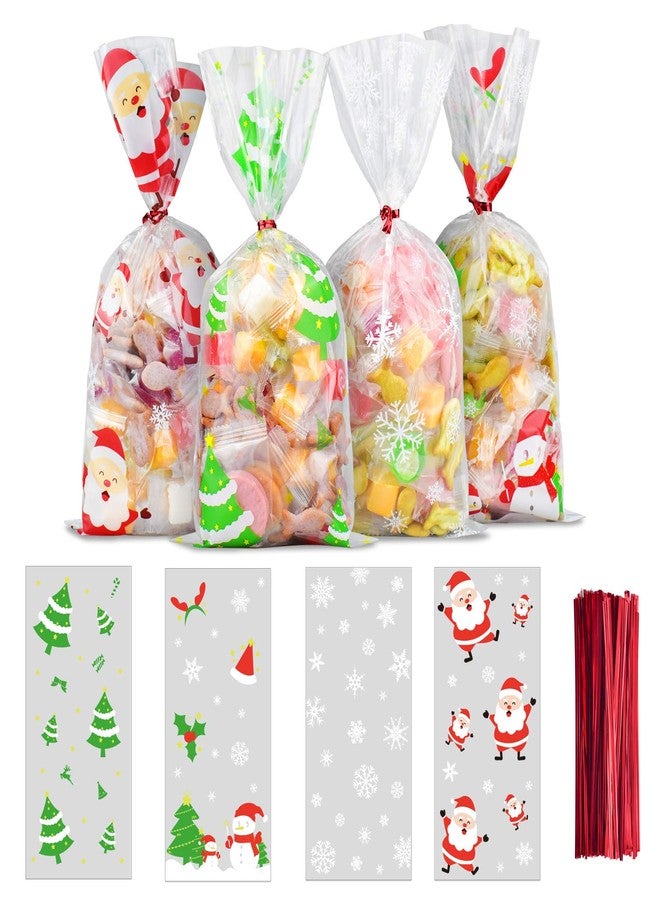ERKOON 200 PCS Christmas Cellophane Treat Bags Clear Cookie Candy Goodie Bags Xmas Gift Bags with 250 PCS Twist Ties for Christmas Party Supplies (4 Styles) - Image 1